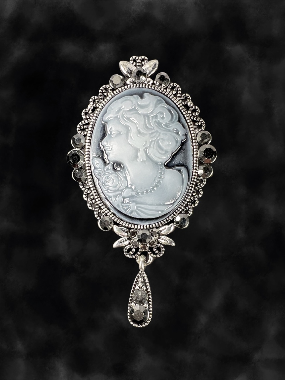 Victorian Revival Cameo Brooch Silver Tone Rhinestone Dangle Goth Pin 2.75 in
